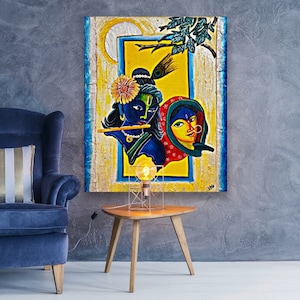 Radha Krishna Art, Unique Acrylic Painting on Stretched Canvas, Lord Krishna & Radha Eternal Love Artwork, Hindu God Krishna Flute Painting