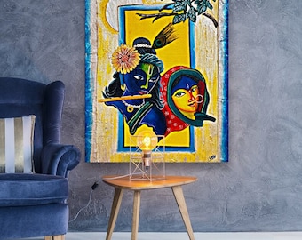 Radha Krishna Art, Unique Acrylic Painting on Stretched Canvas, Lord Krishna & Radha Eternal Love Artwork, Hindu God Krishna Flute Painting