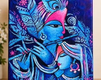 Radha Krishna Painting on Canvas | Handmade Hindu Wall Art | Original Spiritual Home Decor | 16x20