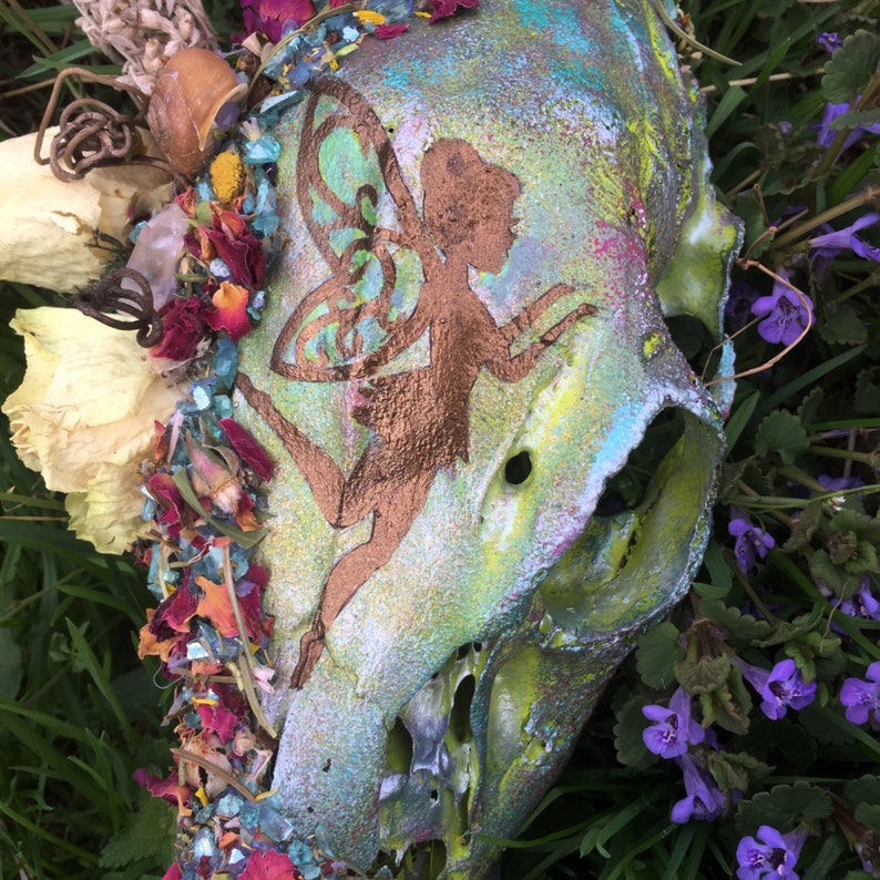 Painted Deer Skull- fairy decor rose magic painted animal skull woodland floral faerie fairy painting