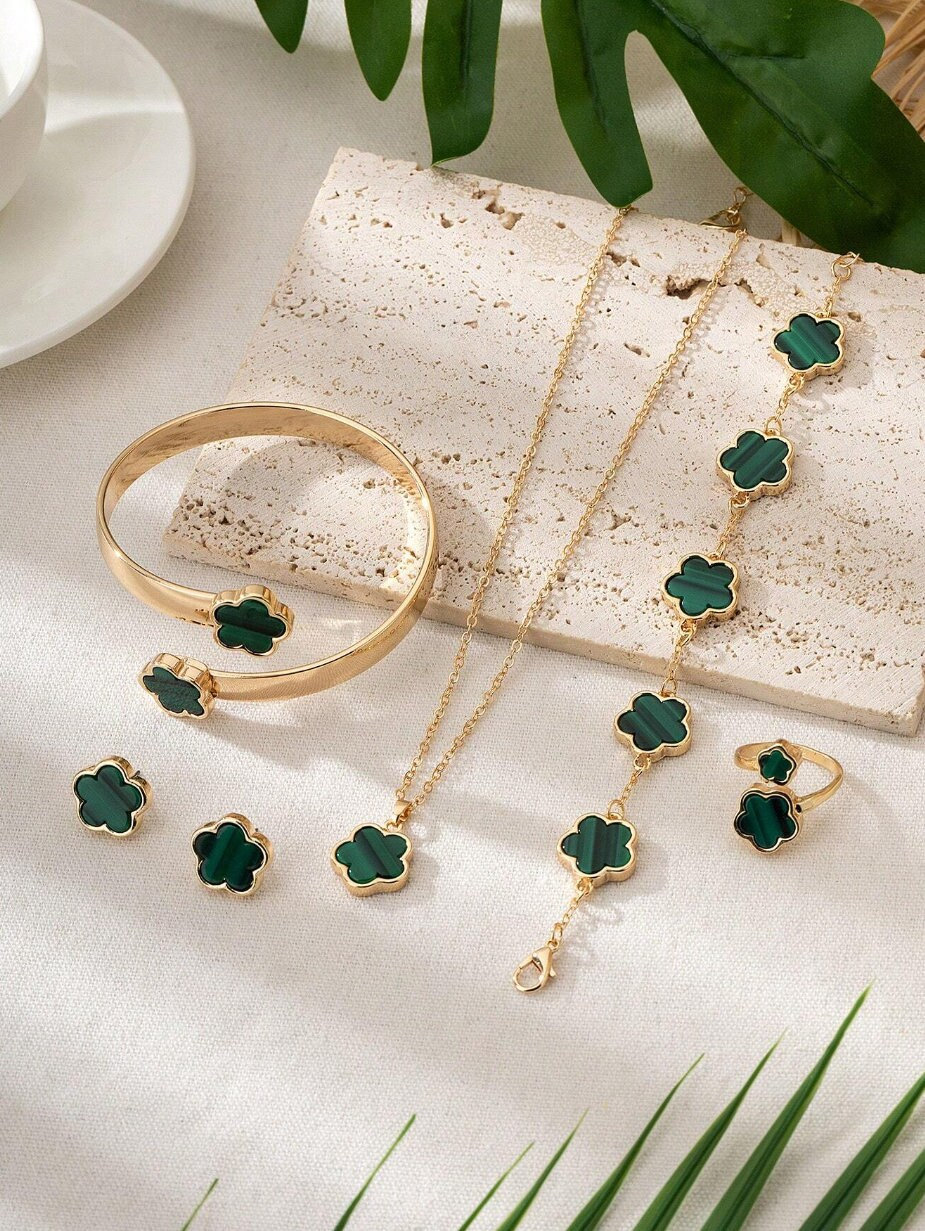 JIEMUCHU Gold Plated Stainless Steel Four Leaf Clover Jewelry Set For Women - Necklace, Bracelet & Stud Earrings, Hypoallergenic Gift Set - View #5