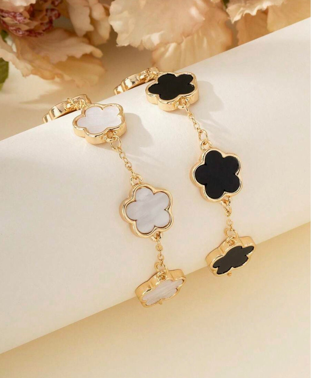 ブラック クローバーブレスレット Real 925 Sterling Silver Black Onyx Alhambra Leaf Clover