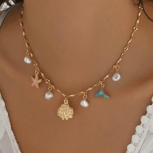 Summer Ocean Style Starfish & Fish Tail Faux Pearl Pendant Necklace
