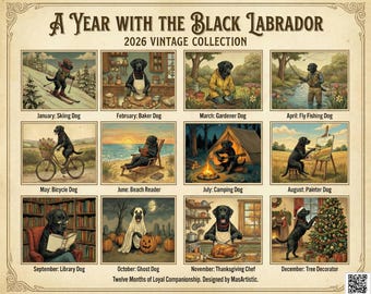 calendrier mural vintage 2026 à illustrations d'animaux | Ours skieur, chien lisant