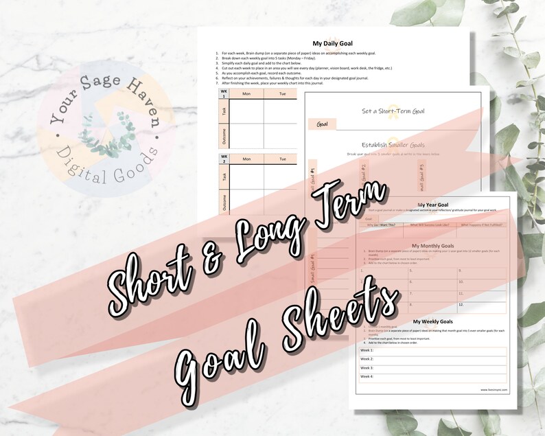Short & Long Term Goal Sheets Self-Care Minimalist Instant Download Book of Shadows image 1
