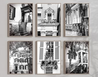 May include: A set of six black and white photographs of historic buildings with architectural details, including windows, doors, and staircases.