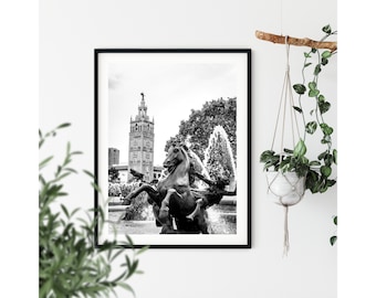 Puede incluir: Fotografía en blanco y negro de una estatua de caballo en una fuente con un edificio alto en el fondo.