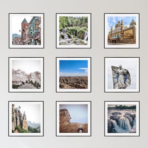 May include: A collage of nine framed photographs featuring various landscapes and landmarks. The images include a waterfall, a mountain range, a city street, a statue, and a building with a dome.