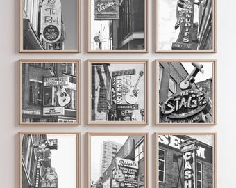 Nashville Photography Print Set: Downtown Broadway Signs, Black & White (Set of 9)