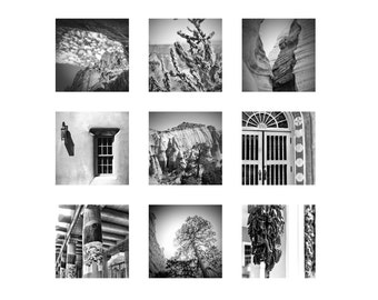 May include: A black and white photo collage of nine different images. The images include a mountain peak, a desert landscape, a window, a door, a tree, and a building.