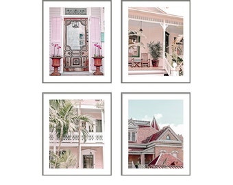 Key West Photography, Key West Architecture Photography, Pink House Wall Art, Wanderlust Photo, Set of 4 Prints