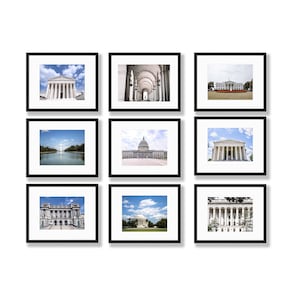Washington D.C. Landmark Wall Art Set – 9-Piece Color Photography Print Collection, Historic Architecture Gallery Décor