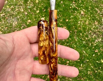 14mm Flat Savannah model.  Square thread cap/body closure. #6 Bock nib. Corrl Creations Tortoise material.