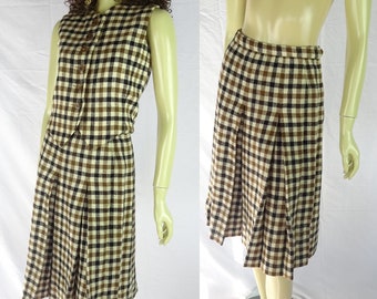 Vintage 70er Jahre Karierte Weste und Rock Set aus Wolle - Sportswear Couture