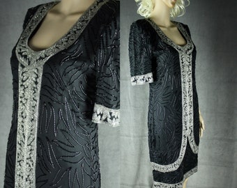 Vintage 80s Beaded Silk Dress: Gatsby Style, Silver Accent
