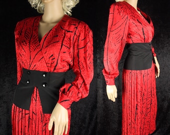 Vintage 80s Rauol Blanco * 100% SILK * Dress Red and Black Satin Jacquard * Skirt and Top * Fitted Waist