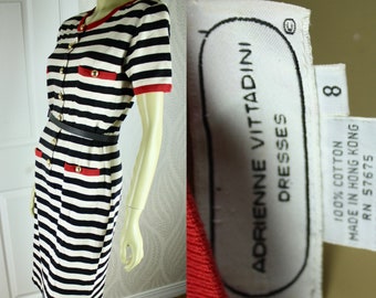 Vintage 80s Early Adrienne Vittadini Label Black White Red Striped Dress Button Front 100% Cotton Made in Hong Kong