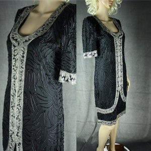 Vintage 80s Beaded Silk Dress: Gatsby Style, Silver Accent