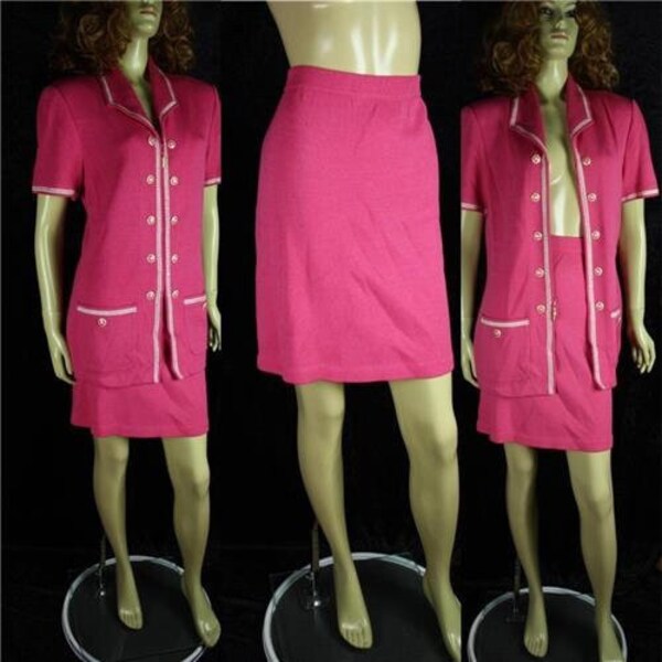 Vintage 80s 90s * St John, Marie Gray * Sweater Knit Pink Suit Skirt and Top* Size 10