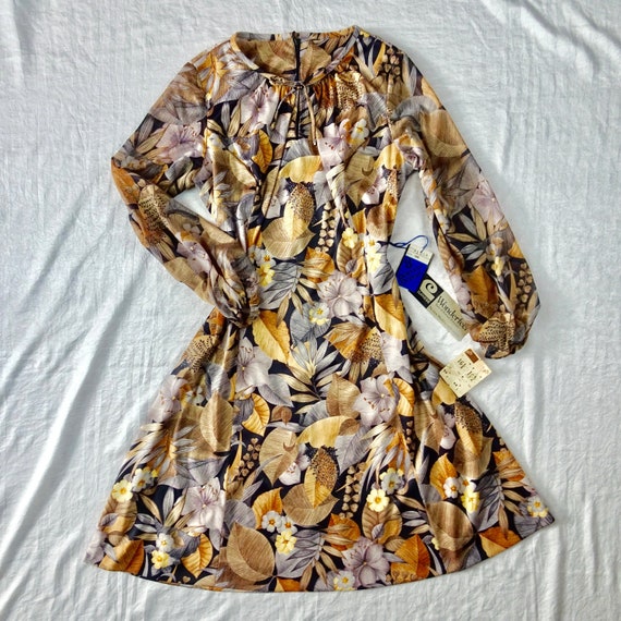 NOS * Vintage 70s * Celanese Dress * Tan, Black, and Grey * Floral Leaf Print * Fortrel Polyester * Mint Condition