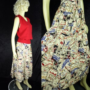 Vintage 1980s Kitsch Tobacco Tea Print Full Skirt Size 12 S & K Original Rayon Mint Condition Side Buttons