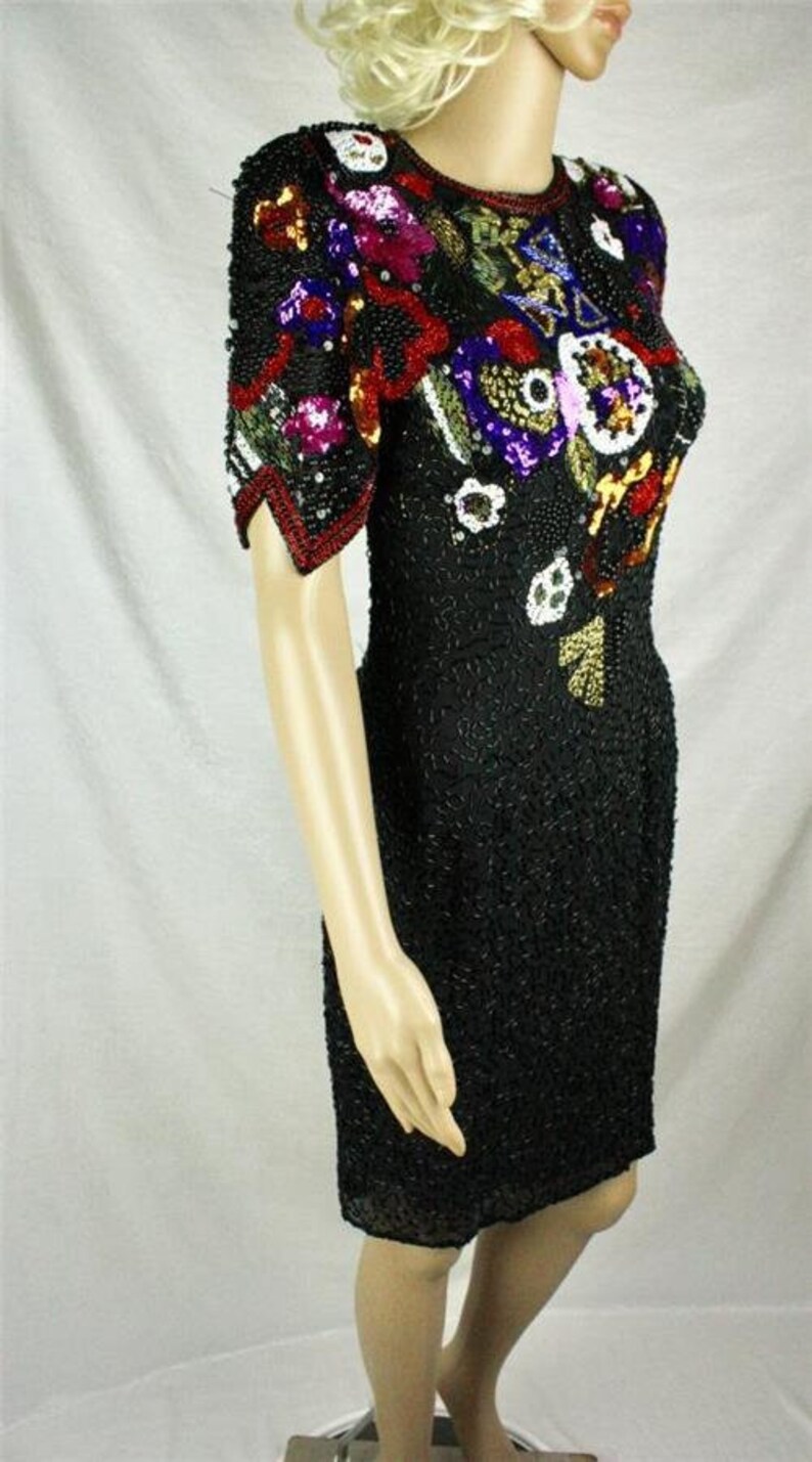 Nite Line Bright Colors Geometric Pattern Sequins and Beads Vintage 1980s Black SILK Dress Bold Size 6
