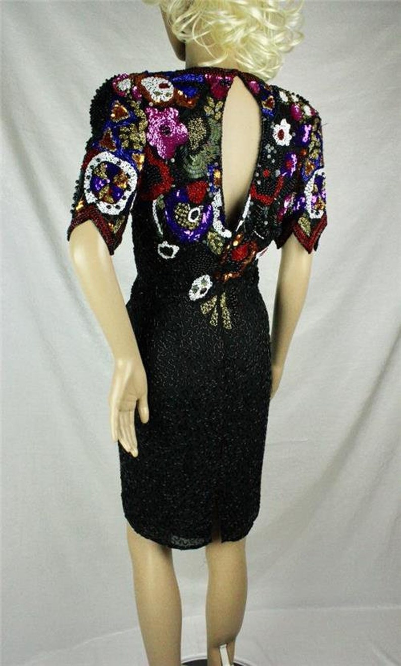 Nite Line Bright Colors Geometric Pattern Sequins and Beads Vintage 1980s Black SILK Dress Bold Size 6