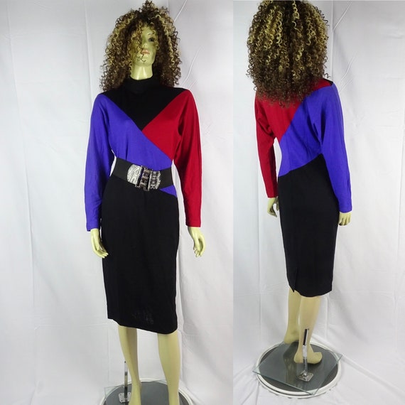 Vintage 80s * 100% Wool * Color Block Sweater Dres