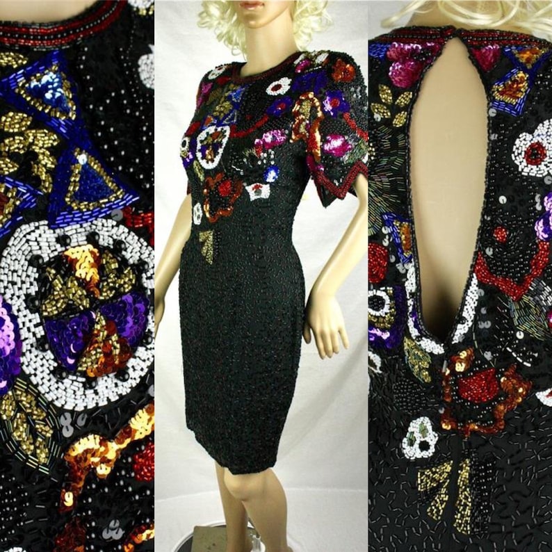 Nite Line Bright Colors Geometric Pattern Sequins and Beads Vintage 1980s Black SILK Dress Bold Size 6
