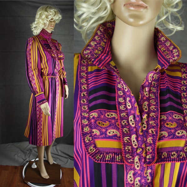 FABULOUS * Vintage Early 1980s Dress * Marisa Ferrari * Stripes, Paisley and Ruffles *  Belted * Button Front * Mint Condition