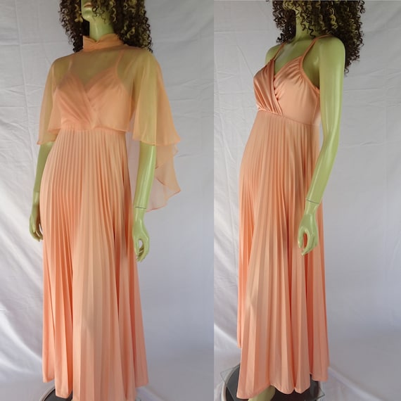 Vintage 1970s * Peach Polyester * Pleated Dress wi