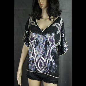 Vintage 70s/Early 80s * 100% Silk * Disco Era * Sequin Top * Black, Silver, Purple, Iridescent, Pearls * Large