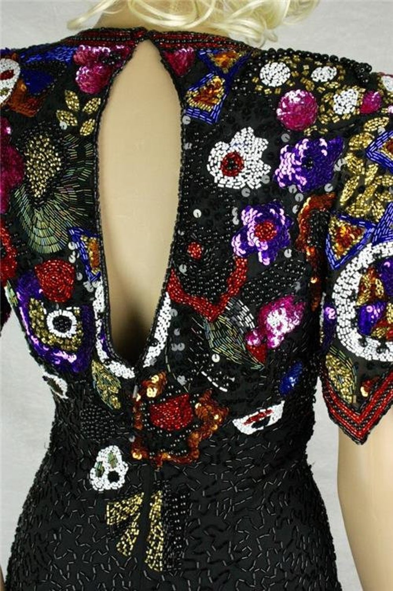 Nite Line Bright Colors Geometric Pattern Sequins and Beads Vintage 1980s Black SILK Dress Bold Size 6