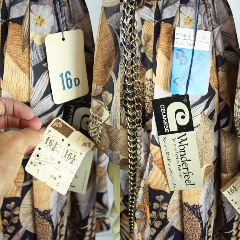 May include: A vintage patterned dress with a gold chain detail. The dress features a botanical print in shades of brown, black, and cream. Price tags with the number 16D are attached. The dress is labeled "Wonderfeel" and "Celanese".