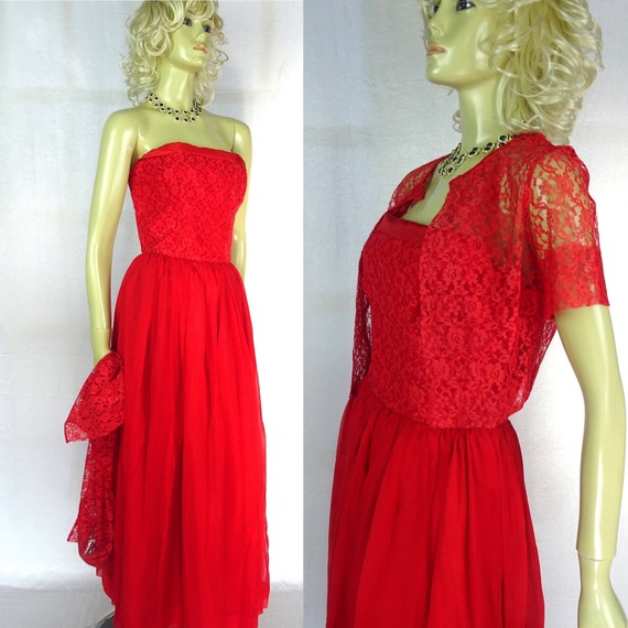 Vintage 1950s * Coral Red Dress with Matching Lac… - image 1