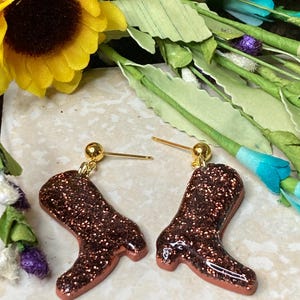 Brown glitter cowgirl boots polymer clay earrings handmade gifts for her jewelry hypoallergenic earrings western style jewelry country style