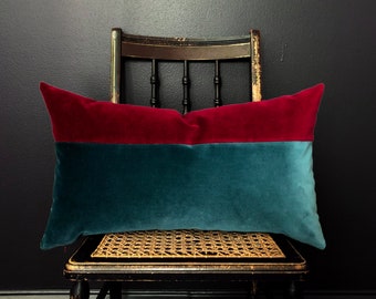 PEACOCK & SCARLET Cotton Velvet Color Block Pillow - 12x20, 14x24 Lumbar