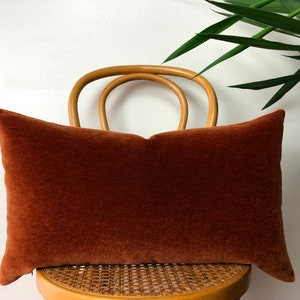 May include: A rust-colored velvet pillow sits on a wooden chair with a woven seat. The chair is in front of a white wall with a green plant in the background.
