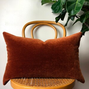 May include: A rectangular, rust-colored velvet pillow rests on a light brown, woven chair. The pillow has a soft, plush appearance and is positioned horizontally. A green plant is visible in the background.