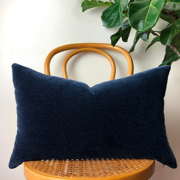 NAVY Blue Mohair Velvet with Belgian Linen Pillow - 12x20 or 14x24 Lumbar