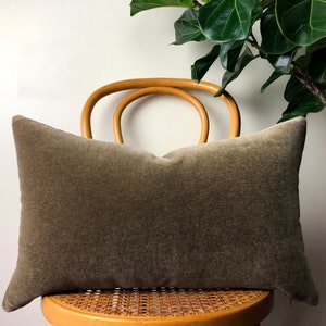 May include: A sage green velvet pillow resting on a light brown wicker chair with a wooden frame. The chair is in front of a white wall with a green leafy plant in the background.