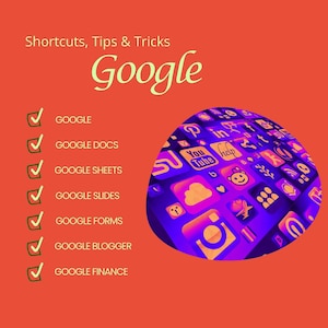 Op de afbeelding: Een rode achtergrond met een lijst van Google-producten en -diensten, waaronder Google Docs, Sheets, Slides, Forms, Blogger en Finance. De lijst is gemarkeerd met groene vinkjes. Op de achtergrond is een paarse en blauwe bol te zien met verschillende pictogrammen die populaire sociale mediaplatforms voorstellen.