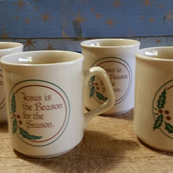 CHRISTMAS MUGS Set of Four "Keep Christ in Christmas" Made in England Hornsea Like 1980s Cream Colored Mugs Coffee Cups Excellent Condition!