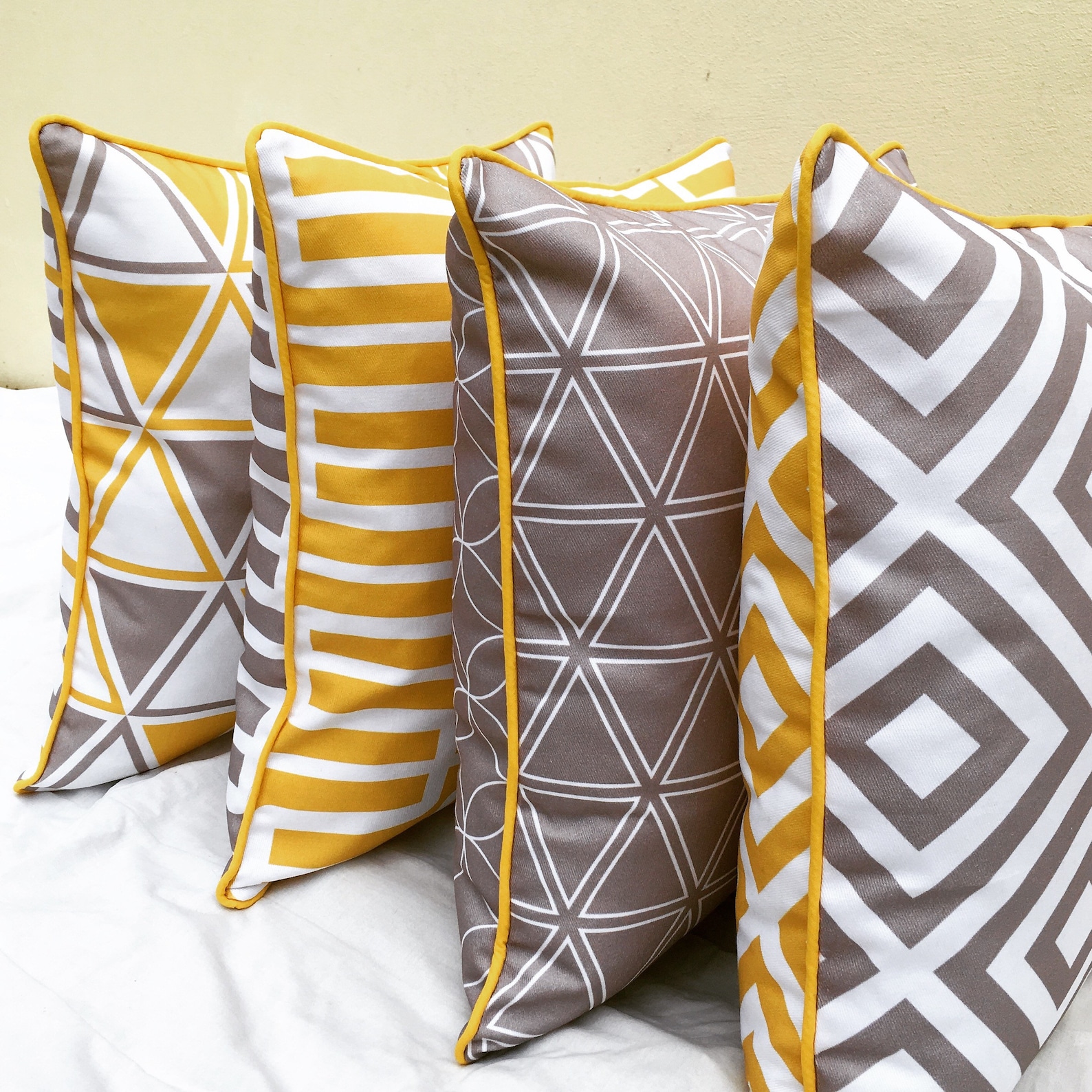 Set of 4 Yellow and Grey Geometric Cushions 45cm X 45cm Cotton Etsy