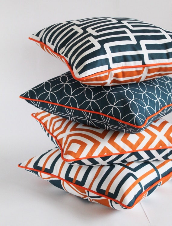 Set of 4 Navy and Orange geometric 