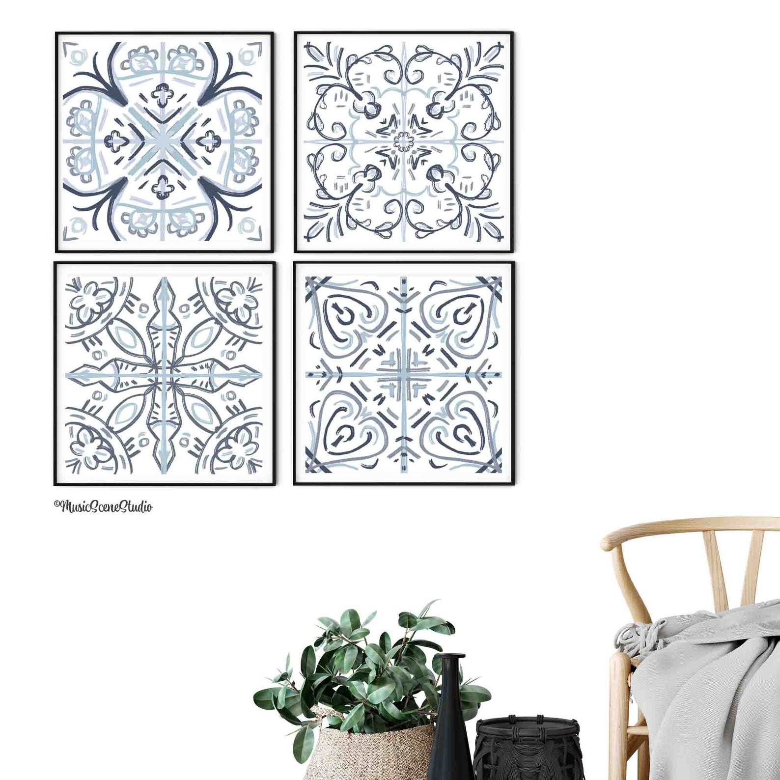 Set of 4 Blue Tile Art Prints 5x5 10x10 20x20 30x30 Square Etsy