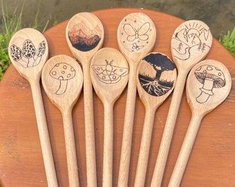 Wood Burned Wooden Spoons, Pyrography Art, Mushroom, Tree of Life, Blue Ridge Mountains, Morels, Moth, Butterflies, Beechwood, Cooking