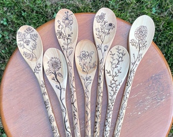 Wood Burned Wooden Spoon, Pyrography Art, Vines Spoon, Cooking Gift, Handmade Spoon, Floral Pattern Spoon, Flower Spoon, Fern, Sunflower Art