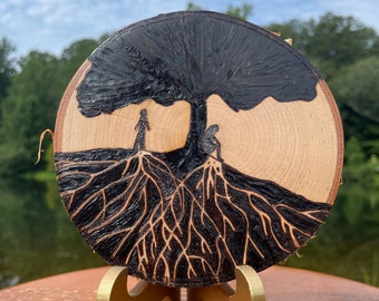 Never Really Alone Wood Burned Art, Pyrography Art, Natural Wood, Wood Slice Art, Wood Burned Tree of Life, Human Connection, Moving Gift