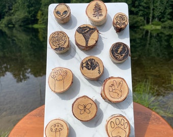 Wood Burned Magnets, Pyrography, Alien Art, Pine Tree, Mushrooms, Paw, Dog Lover, Butterfly, Peace, Flower, Natural Gift, Handmade, Rustic